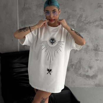 kadın Bisiklet Yaka Baskılı Oversize Kısa kol T-Shirt - Beyaz kadın Bisiklet Yaka Baskılı Oversize Kısa kol T-Shirt - Beyaz