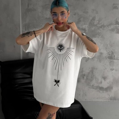 kadın Bisiklet Yaka Baskılı Oversize Kısa kol T-Shirt - Beyaz kadın Bisiklet Yaka Baskılı Oversize Kısa kol T-Shirt - Beyaz