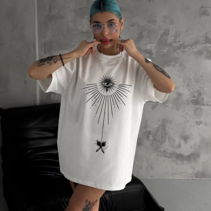 kadın Bisiklet Yaka Baskılı Oversize Kısa kol T-Shirt - Beyaz kadın Bisiklet Yaka Baskılı Oversize Kısa kol T-Shirt - Beyaz
