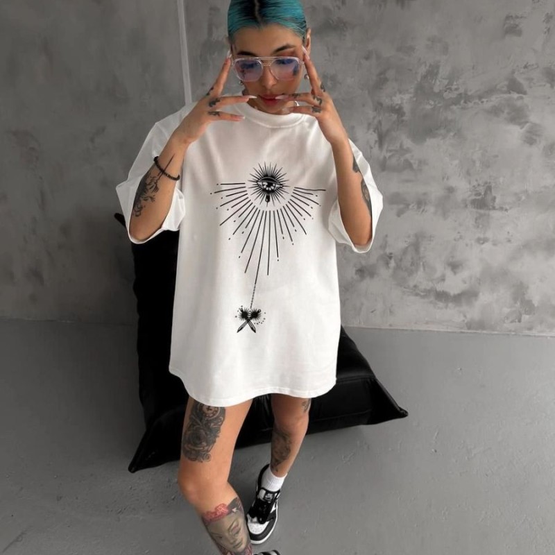 kadın Bisiklet Yaka Baskılı Oversize Kısa kol T-Shirt - Beyaz kadın Bisiklet Yaka Baskılı Oversize Kısa kol T-Shirt - Beyaz