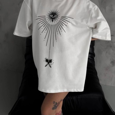 kadın Bisiklet Yaka Baskılı Oversize Kısa kol T-Shirt - Beyaz kadın Bisiklet Yaka Baskılı Oversize Kısa kol T-Shirt - Beyaz