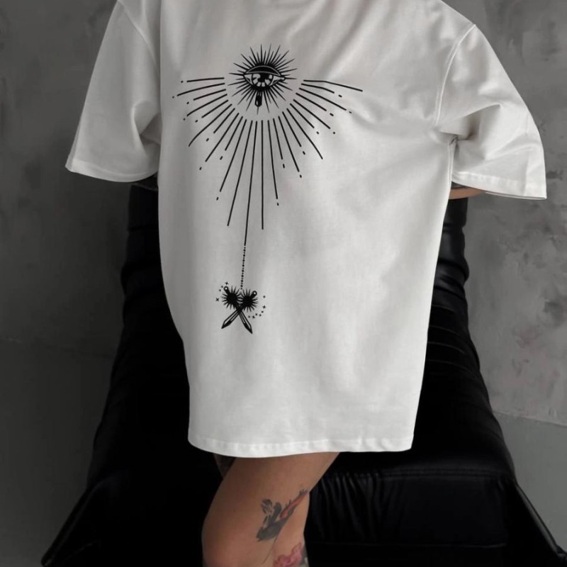 kadın Bisiklet Yaka Baskılı Oversize Kısa kol T-Shirt - Beyaz kadın Bisiklet Yaka Baskılı Oversize Kısa kol T-Shirt - Beyaz