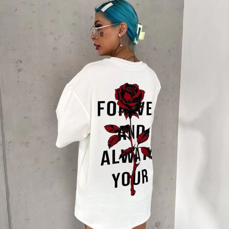 kadın Bisiklet Yaka Baskılı Oversize Kısa kol T-Shirt - Beyaz kadın Bisiklet Yaka Baskılı Oversize Kısa kol T-Shirt - Beyaz
