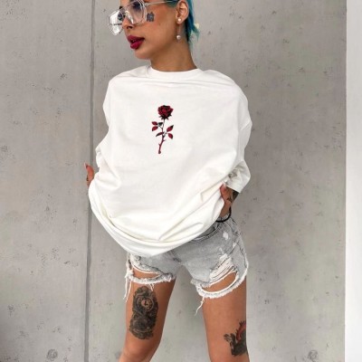 kadın Bisiklet Yaka Baskılı Oversize Kısa kol T-Shirt - Beyaz kadın Bisiklet Yaka Baskılı Oversize Kısa kol T-Shirt - Beyaz