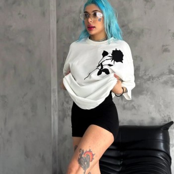 kadın Bisiklet Yaka Baskılı Oversize Kısa kol T-Shirt - Beyaz kadın Bisiklet Yaka Baskılı Oversize Kısa kol T-Shirt - Beyaz