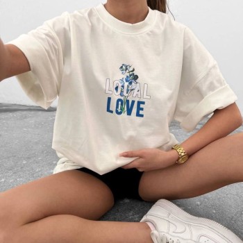 kadın Bisiklet Yaka Baskılı oversize Kısa kol T-Shirt - Beyaz kadın Bisiklet Yaka Baskılı oversize Kısa kol T-Shirt - Beyaz