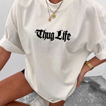 Kadın Bisiklet Yaka Baskılı Oversize Kısa kol T-Shirt - Beyaz Kadın Bisiklet Yaka Baskılı Oversize Kısa kol T-Shirt - Beyaz