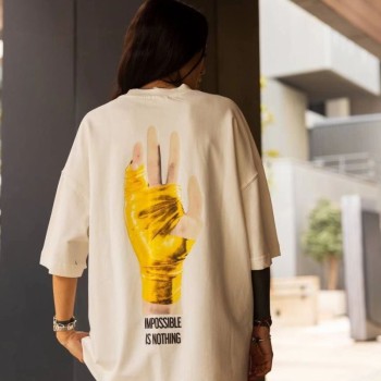 Kadın Bisiklet Yaka Baskılı Oversize Kısa kol T-Shirt - Beyaz Kadın Bisiklet Yaka Baskılı Oversize Kısa kol T-Shirt - Beyaz