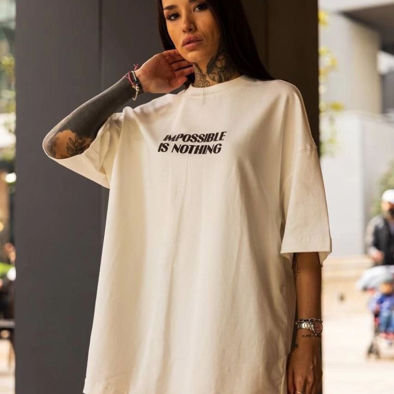 Kadın Bisiklet Yaka Baskılı Oversize Kısa kol T-Shirt - Beyaz Kadın Bisiklet Yaka Baskılı Oversize Kısa kol T-Shirt - Beyaz