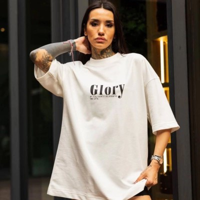kadın Bisiklet Yaka Baskılı Oversize Kısa kol T-Shirt - Beyaz kadın Bisiklet Yaka Baskılı Oversize Kısa kol T-Shirt - Beyaz