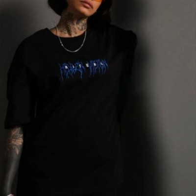 kadın Bisiklet Yaka Baskılı Oversize Kısa kol T-Shirt - Siyah kadın Bisiklet Yaka Baskılı Oversize Kısa kol T-Shirt - Siyah