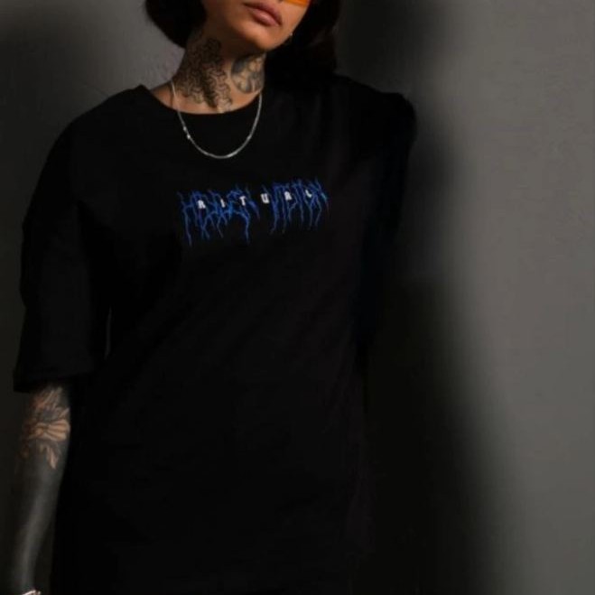 kadın Bisiklet Yaka Baskılı Oversize Kısa kol T-Shirt - Siyah kadın Bisiklet Yaka Baskılı Oversize Kısa kol T-Shirt - Siyah