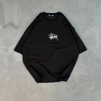 kadın Bisiklet Yaka Baskılı Oversize  Kısa kol T-Shirt - Siyah