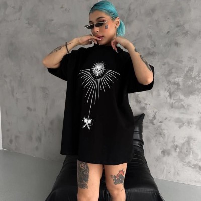 kadın Bisiklet Yaka Baskılı Oversize Kısa kol T-Shirt - Siyah kadın Bisiklet Yaka Baskılı Oversize Kısa kol T-Shirt - Siyah