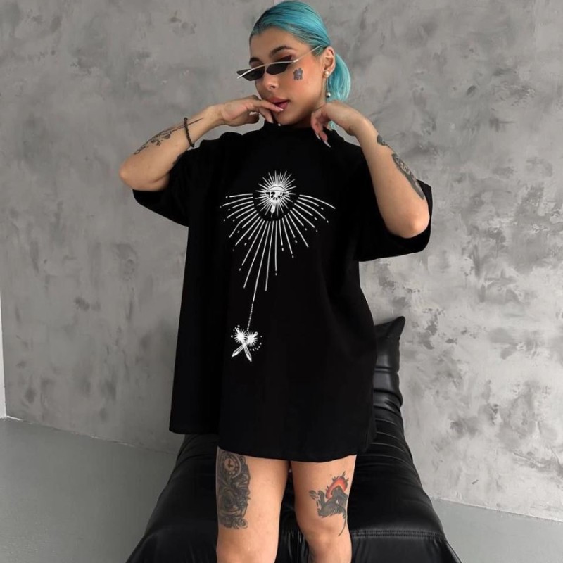 kadın Bisiklet Yaka Baskılı Oversize Kısa kol T-Shirt - Siyah kadın Bisiklet Yaka Baskılı Oversize Kısa kol T-Shirt - Siyah