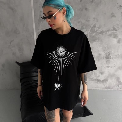 kadın Bisiklet Yaka Baskılı Oversize Kısa kol T-Shirt - Siyah kadın Bisiklet Yaka Baskılı Oversize Kısa kol T-Shirt - Siyah
