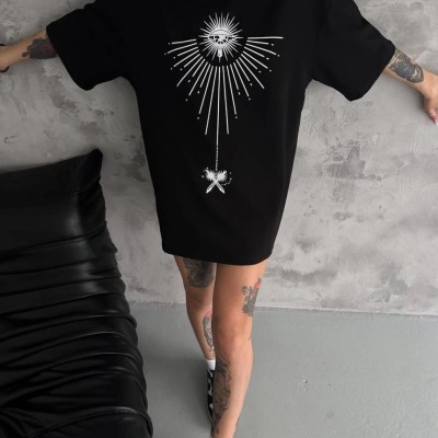 kadın Bisiklet Yaka Baskılı Oversize Kısa kol T-Shirt - Siyah kadın Bisiklet Yaka Baskılı Oversize Kısa kol T-Shirt - Siyah
