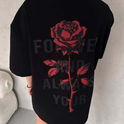 kadın Bisiklet Yaka Baskılı Oversize Kısa kol T-Shirt - Siyah kadın Bisiklet Yaka Baskılı Oversize Kısa kol T-Shirt - Siyah