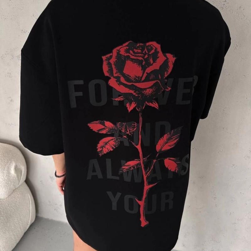 kadın Bisiklet Yaka Baskılı Oversize Kısa kol T-Shirt - Siyah kadın Bisiklet Yaka Baskılı Oversize Kısa kol T-Shirt - Siyah