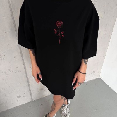 kadın Bisiklet Yaka Baskılı Oversize Kısa kol T-Shirt - Siyah kadın Bisiklet Yaka Baskılı Oversize Kısa kol T-Shirt - Siyah