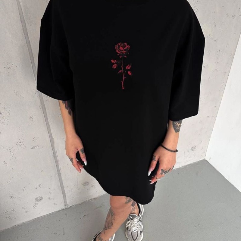kadın Bisiklet Yaka Baskılı Oversize Kısa kol T-Shirt - Siyah kadın Bisiklet Yaka Baskılı Oversize Kısa kol T-Shirt - Siyah