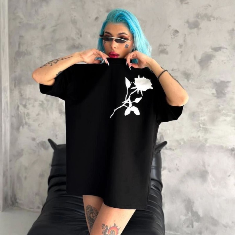 kadın Bisiklet Yaka Baskılı Oversize Kısa kol T-Shirt - Siyah kadın Bisiklet Yaka Baskılı Oversize Kısa kol T-Shirt - Siyah