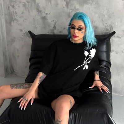 kadın Bisiklet Yaka Baskılı Oversize Kısa kol T-Shirt - Siyah kadın Bisiklet Yaka Baskılı Oversize Kısa kol T-Shirt - Siyah