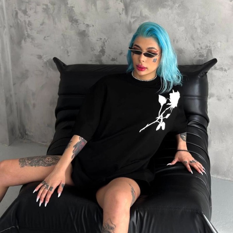 kadın Bisiklet Yaka Baskılı Oversize Kısa kol T-Shirt - Siyah kadın Bisiklet Yaka Baskılı Oversize Kısa kol T-Shirt - Siyah