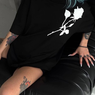 kadın Bisiklet Yaka Baskılı Oversize Kısa kol T-Shirt - Siyah kadın Bisiklet Yaka Baskılı Oversize Kısa kol T-Shirt - Siyah