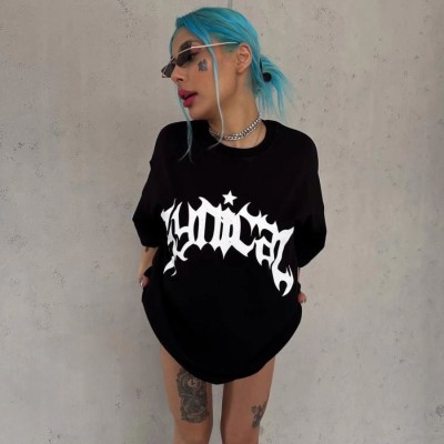 kadın Bisiklet Yaka Baskılı Oversize Kısa kol T-Shirt - Siyah kadın Bisiklet Yaka Baskılı Oversize Kısa kol T-Shirt - Siyah