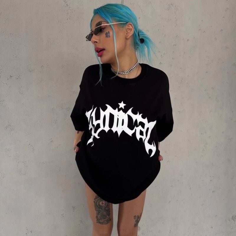 kadın Bisiklet Yaka Baskılı Oversize Kısa kol T-Shirt - Siyah kadın Bisiklet Yaka Baskılı Oversize Kısa kol T-Shirt - Siyah