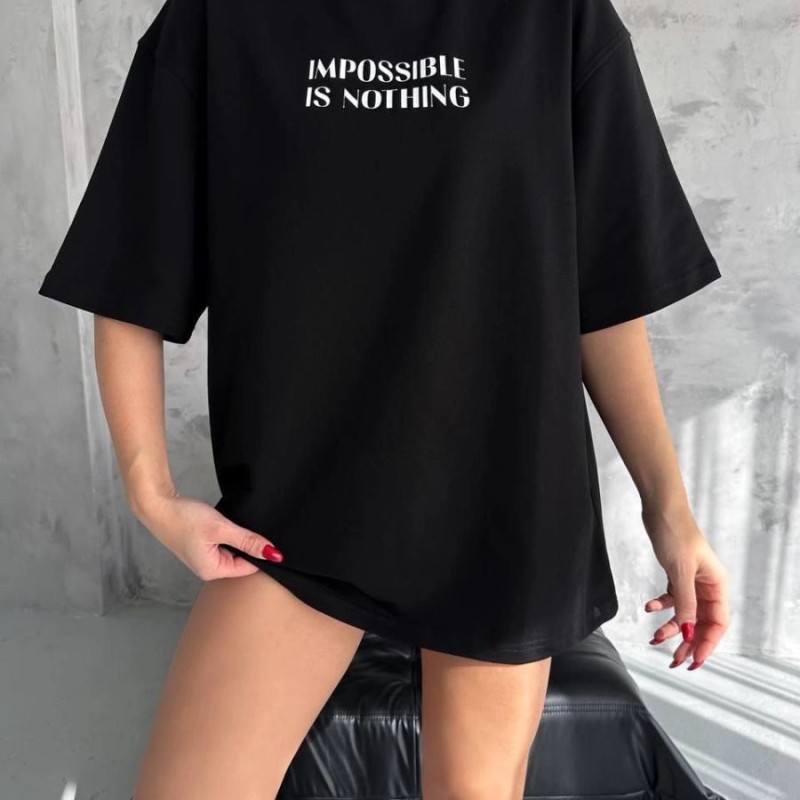 kadın Bisiklet Yaka Baskılı Oversize Kısa kol T-Shirt - Siyah kadın Bisiklet Yaka Baskılı Oversize Kısa kol T-Shirt - Siyah