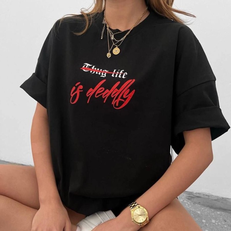 kadın Bisiklet Yaka Baskılı Oversize Kısa kol T-Shirt - Siyah kadın Bisiklet Yaka Baskılı Oversize Kısa kol T-Shirt - Siyah