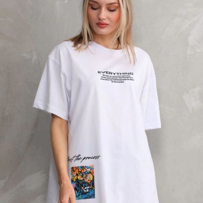 kadın Bisiklet Yaka Baskılı Oversize T-Shirt - Beyaz kadın Bisiklet Yaka Baskılı Oversize T-Shirt - Beyaz