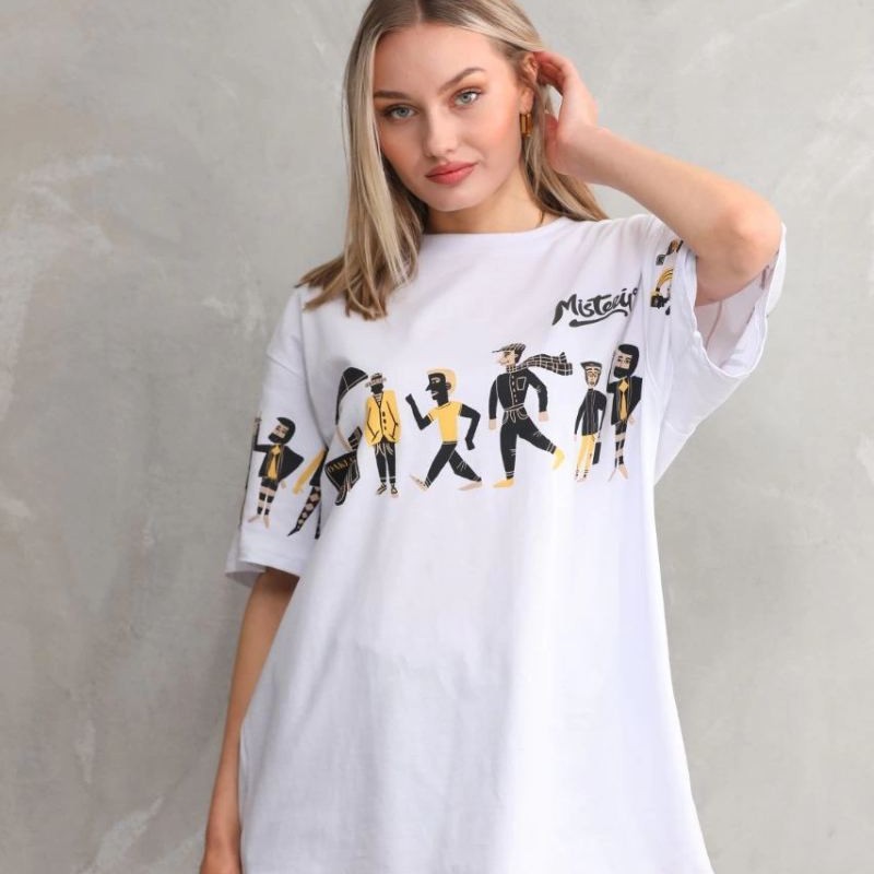 kadın Bisiklet Yaka Baskılı Oversize T-Shirt - Beyaz kadın Bisiklet Yaka Baskılı Oversize T-Shirt - Beyaz