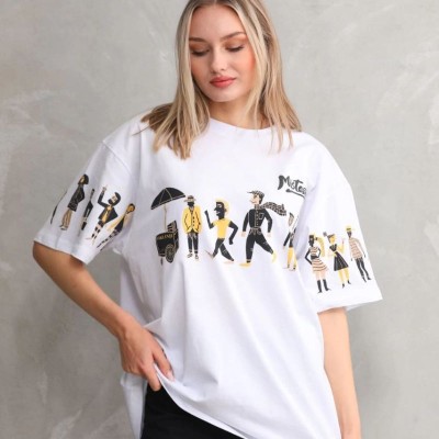 kadın Bisiklet Yaka Baskılı Oversize T-Shirt - Beyaz kadın Bisiklet Yaka Baskılı Oversize T-Shirt - Beyaz