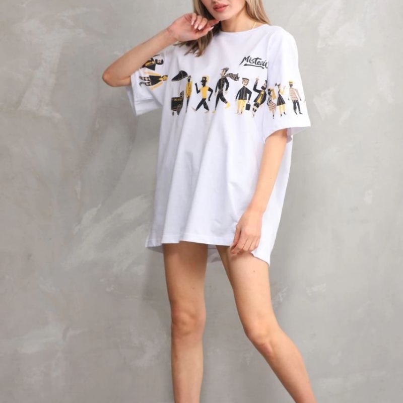 kadın Bisiklet Yaka Baskılı Oversize T-Shirt - Beyaz kadın Bisiklet Yaka Baskılı Oversize T-Shirt - Beyaz