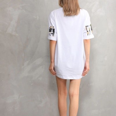 kadın Bisiklet Yaka Baskılı Oversize T-Shirt - Beyaz kadın Bisiklet Yaka Baskılı Oversize T-Shirt - Beyaz