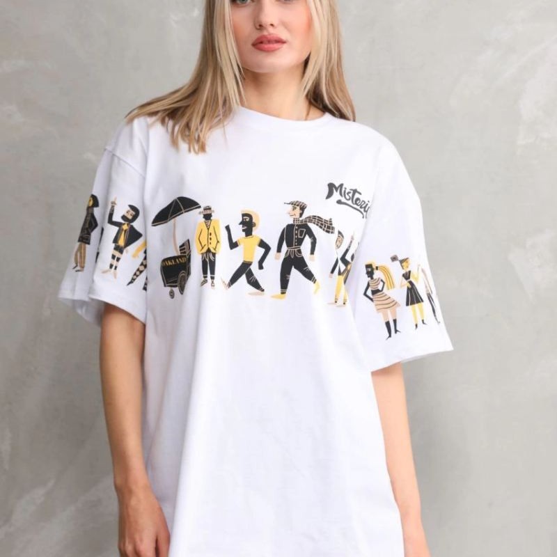 kadın Bisiklet Yaka Baskılı Oversize T-Shirt - Beyaz kadın Bisiklet Yaka Baskılı Oversize T-Shirt - Beyaz
