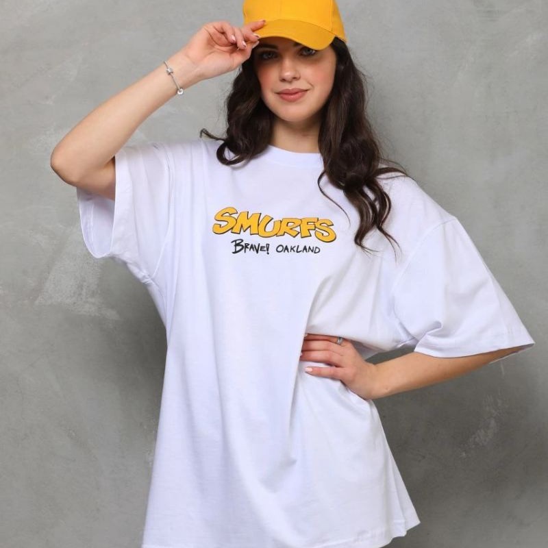 kadın Bisiklet Yaka Baskılı Oversize T-Shirt - Beyaz kadın Bisiklet Yaka Baskılı Oversize T-Shirt - Beyaz