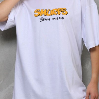 kadın Bisiklet Yaka Baskılı Oversize T-Shirt - Beyaz kadın Bisiklet Yaka Baskılı Oversize T-Shirt - Beyaz