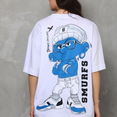 kadın Bisiklet Yaka Baskılı Oversize T-Shirt - Beyaz kadın Bisiklet Yaka Baskılı Oversize T-Shirt - Beyaz