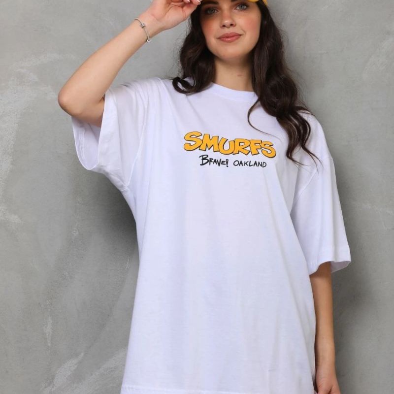 kadın Bisiklet Yaka Baskılı Oversize T-Shirt - Beyaz kadın Bisiklet Yaka Baskılı Oversize T-Shirt - Beyaz