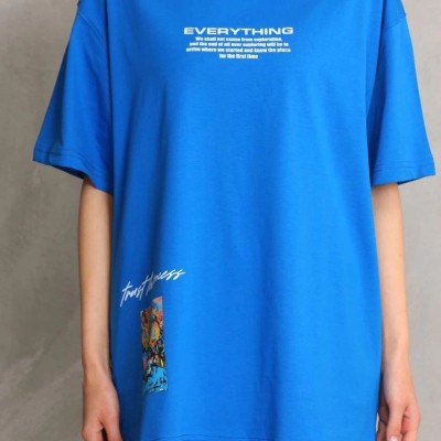 kadın Bisiklet Yaka Baskılı Oversize T-Shirt - Mavi kadın Bisiklet Yaka Baskılı Oversize T-Shirt - Mavi