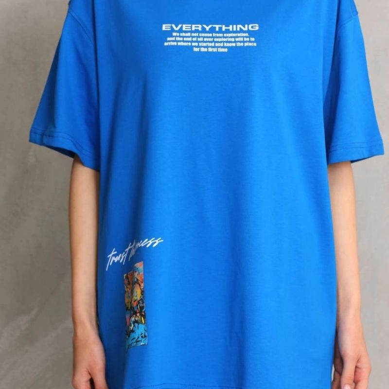kadın Bisiklet Yaka Baskılı Oversize T-Shirt - Mavi kadın Bisiklet Yaka Baskılı Oversize T-Shirt - Mavi