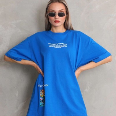 kadın Bisiklet Yaka Baskılı Oversize T-Shirt - Mavi kadın Bisiklet Yaka Baskılı Oversize T-Shirt - Mavi