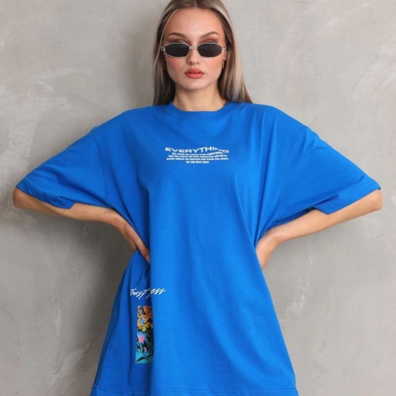 kadın Bisiklet Yaka Baskılı Oversize T-Shirt - Mavi kadın Bisiklet Yaka Baskılı Oversize T-Shirt - Mavi