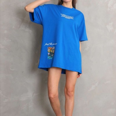 kadın Bisiklet Yaka Baskılı Oversize T-Shirt - Mavi kadın Bisiklet Yaka Baskılı Oversize T-Shirt - Mavi