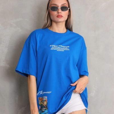 kadın Bisiklet Yaka Baskılı Oversize T-Shirt - Mavi kadın Bisiklet Yaka Baskılı Oversize T-Shirt - Mavi