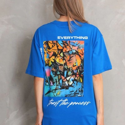 kadın Bisiklet Yaka Baskılı Oversize T-Shirt - Mavi kadın Bisiklet Yaka Baskılı Oversize T-Shirt - Mavi